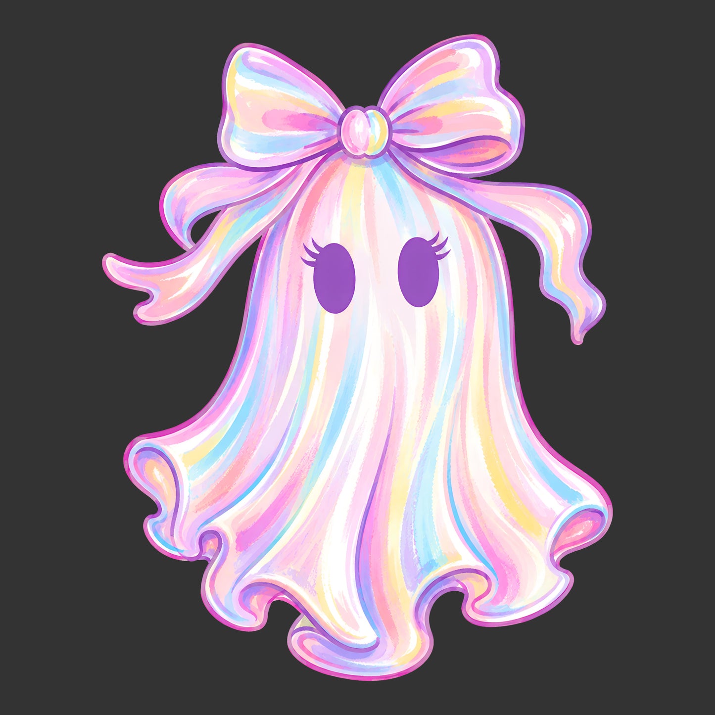 A cute cartoon ghost illustration with a large iridescent pastel bow, purple oval eyes with eyelashes, and a flowing ghostly body on a dark gray background.
