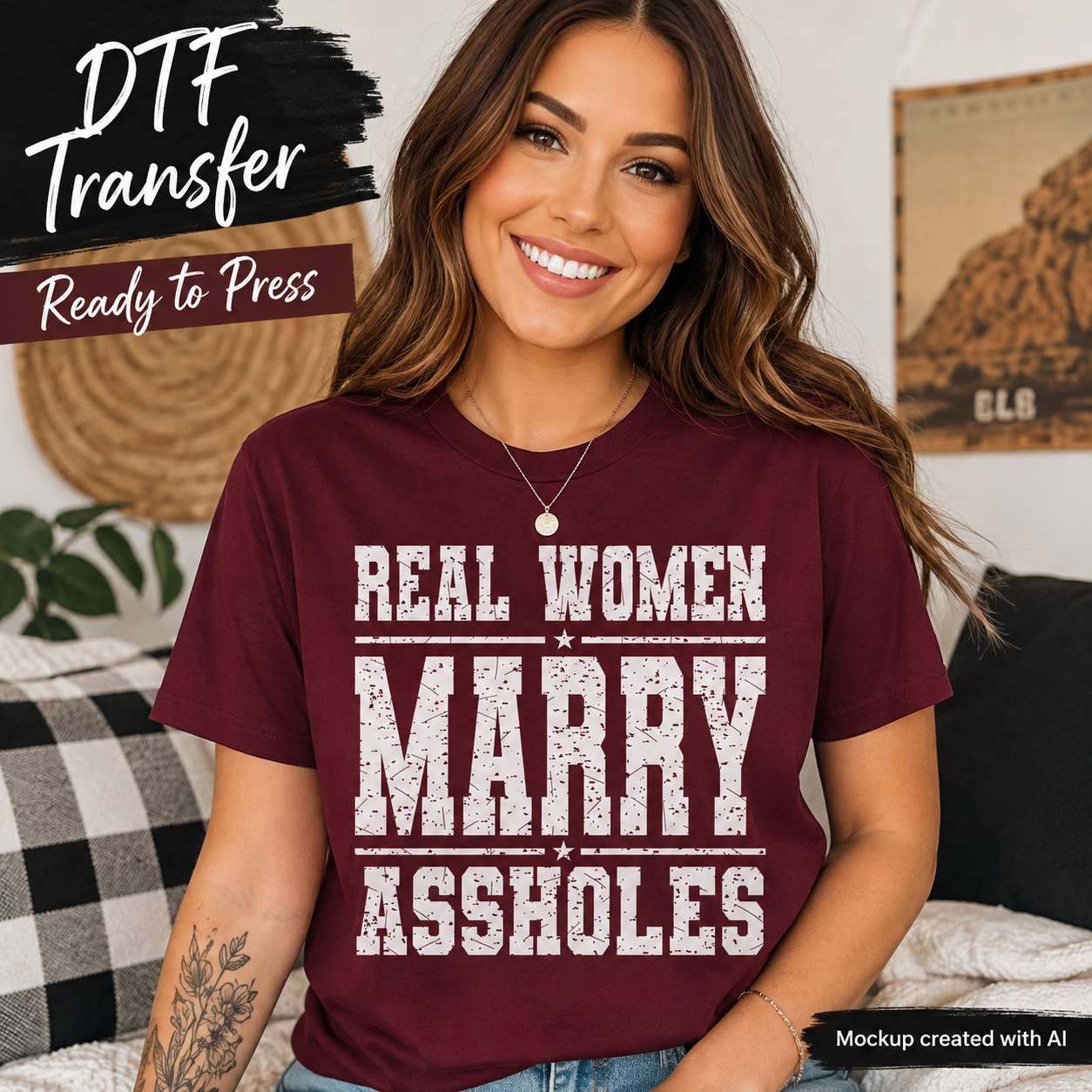 A smiling woman wearing a burgundy graphic T-shirt with distressed white text reading 'REAL WOMEN MARRY ASSHOLES'. The image includes promotional text overlays reading 'DTF Transfer Ready to Press' and a small note saying 'Mockup created with AI'.