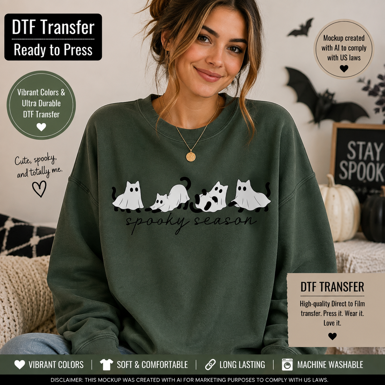 A woman wearing a dark olive green sweatshirt with a 'spooky season' graphic of four white cats with black spots, presented in a cozy Halloween-themed mockup setting with promotional text overlays.