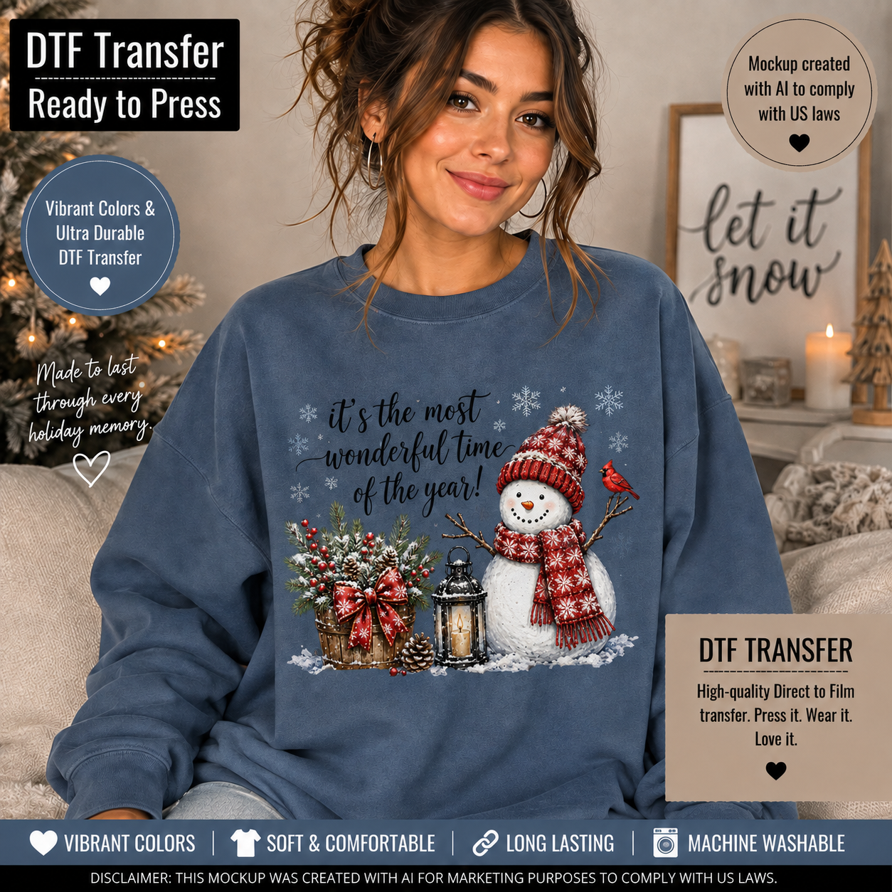 A woman wearing a slate blue sweatshirt with a festive Christmas graphic that reads 'it's the most wonderful time of the year!' featuring a snowman, red hat, and holiday wreath. The image is a promotional mockup with text overlays detailing product features like 'DTF Transfer Ready to Press' and 'Vibrant Colors & Ultra Durable DTF Transfer'.