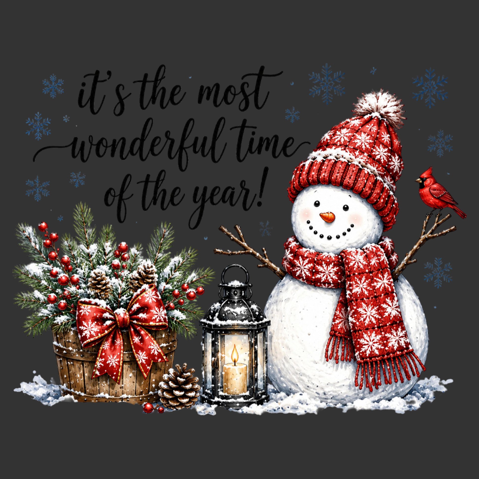 A festive Christmas graphic on a dark gray background featuring a snowman in a red patterned knit hat and matching scarf, next to a lit lantern, a decorated evergreen basket with red berries, and the text 'it's the most wonderful time of the year!'.