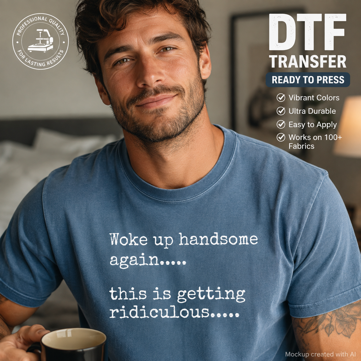 A man wearing a blue crewneck t-shirt with white printed text that reads 'Woke up handsome again.