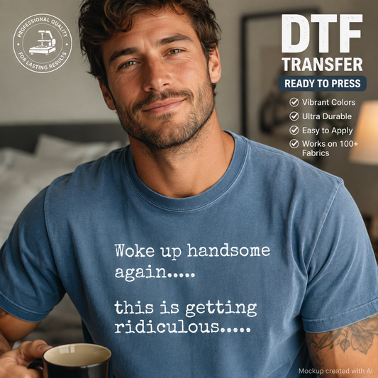 A man wearing a blue crewneck t-shirt with white printed text that reads 'Woke up handsome again.