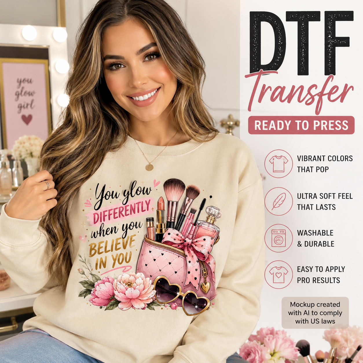 A woman wearing a cream-colored DTF transfer sweatshirt with a graphic of a pink makeup bag, flowers, and the text 'You glow DIFFERENTLY. when you BELIEVE IN YOU'.