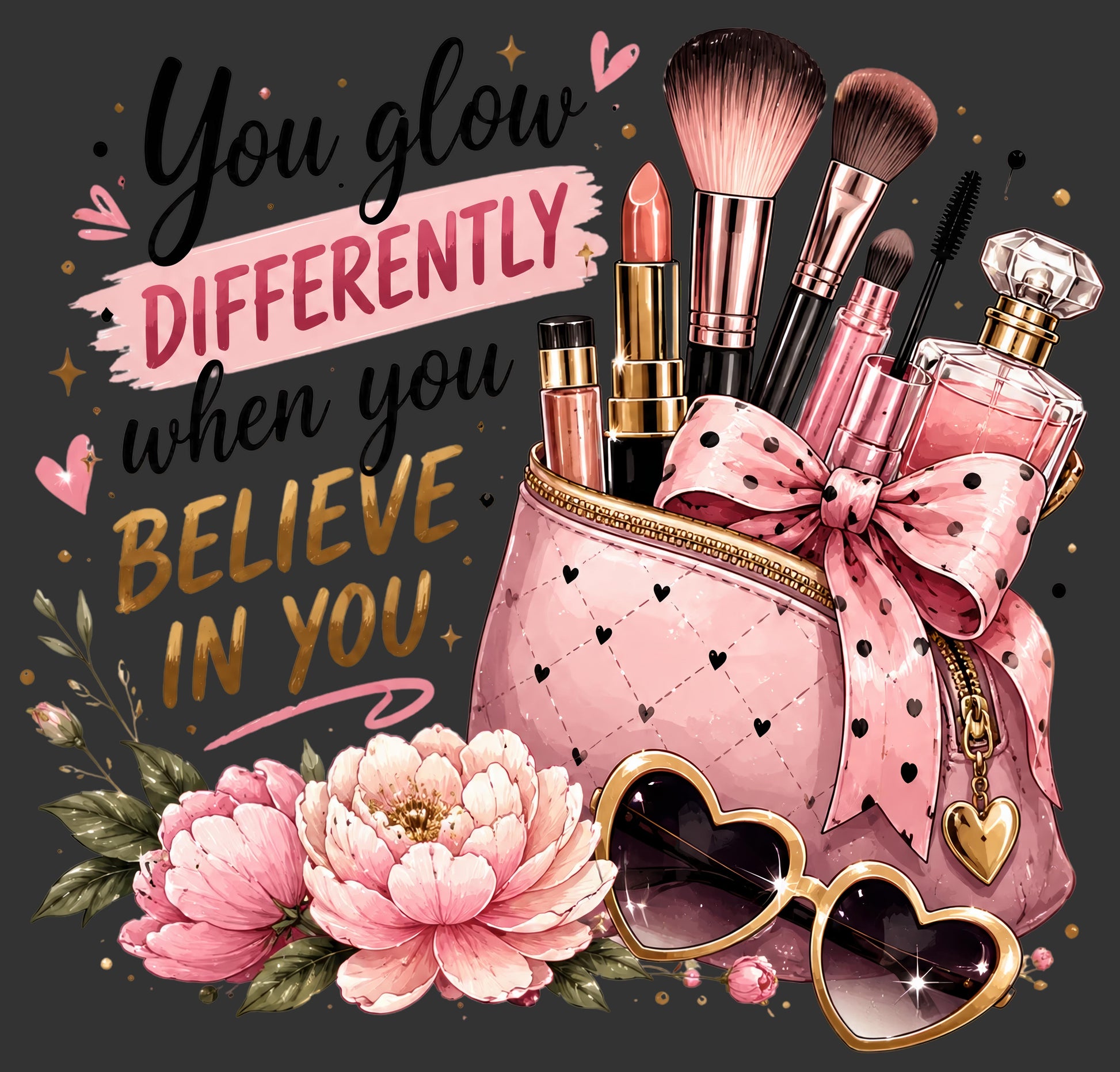 A stylized cosmetic gift set illustration on a dark gray background with the quote 'You glow DIFFERENTLY when you BELIEVE IN YOU.' The set includes a pink quilted makeup bag with a polka-dot ribbon, makeup brushes, lipsticks, a perfume bottle, and heart-shaped sunglasses, accented by pink flowers and gold stars.
