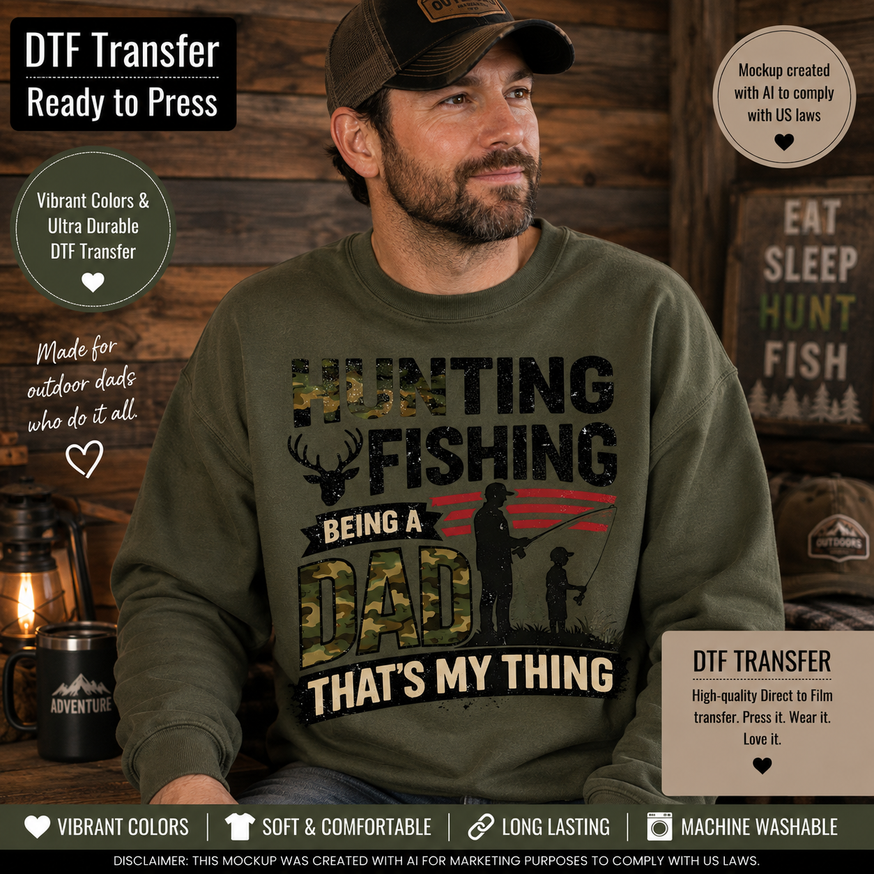 A man wearing an olive green crewneck sweatshirt with a 'Hunting Fishing Being a Dad That My Thing' DTF transfer graphic, set against a rustic wood-paneled background with promotional text overlays.