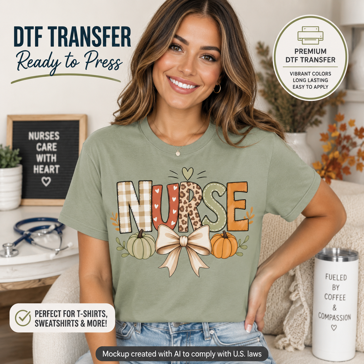 Woman wearing fall NURSE DTF transfer with pumpkins and bow on sage green shirt