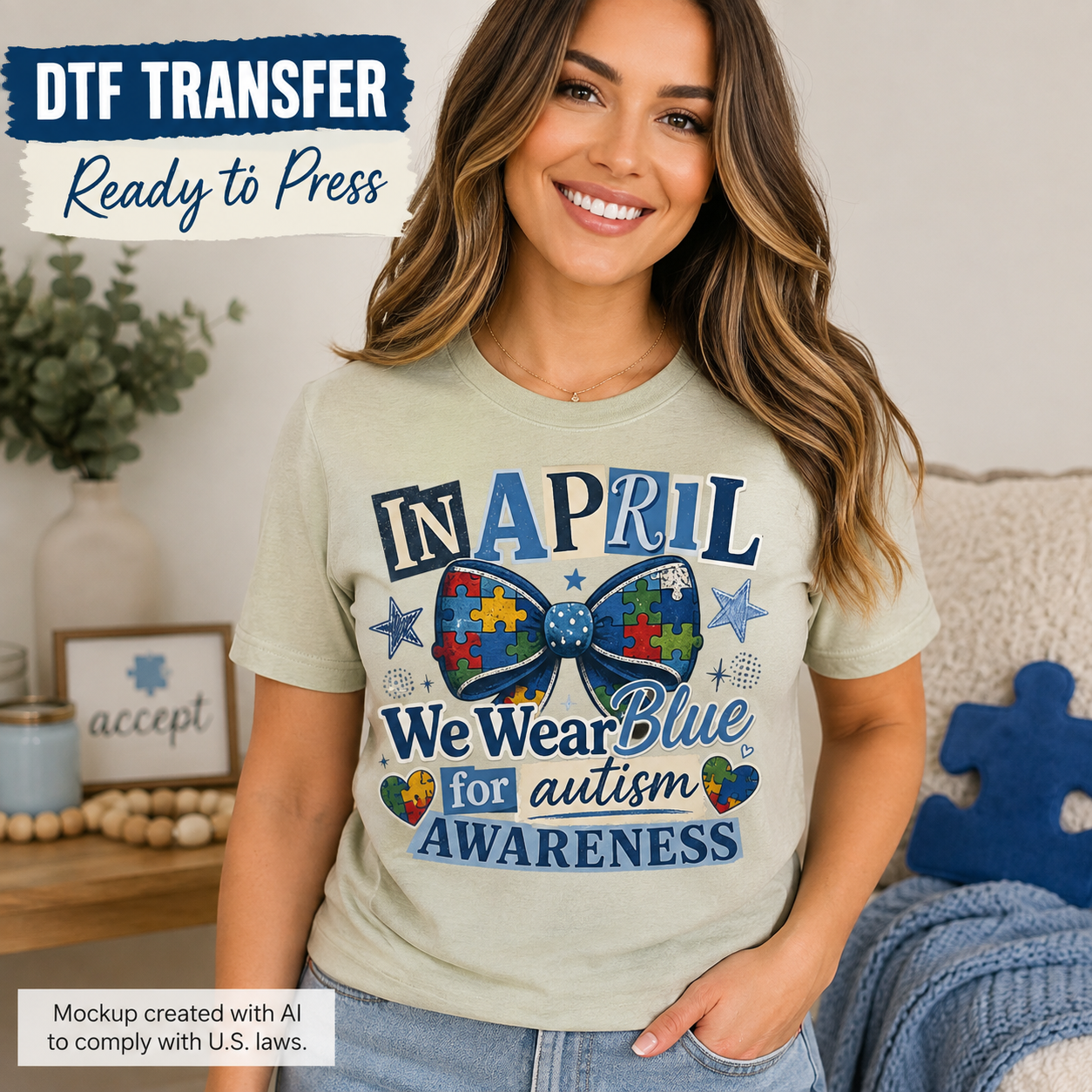 Woman wearing In April We Wear Blue for Autism Awareness DTF transfer on light sage shirt