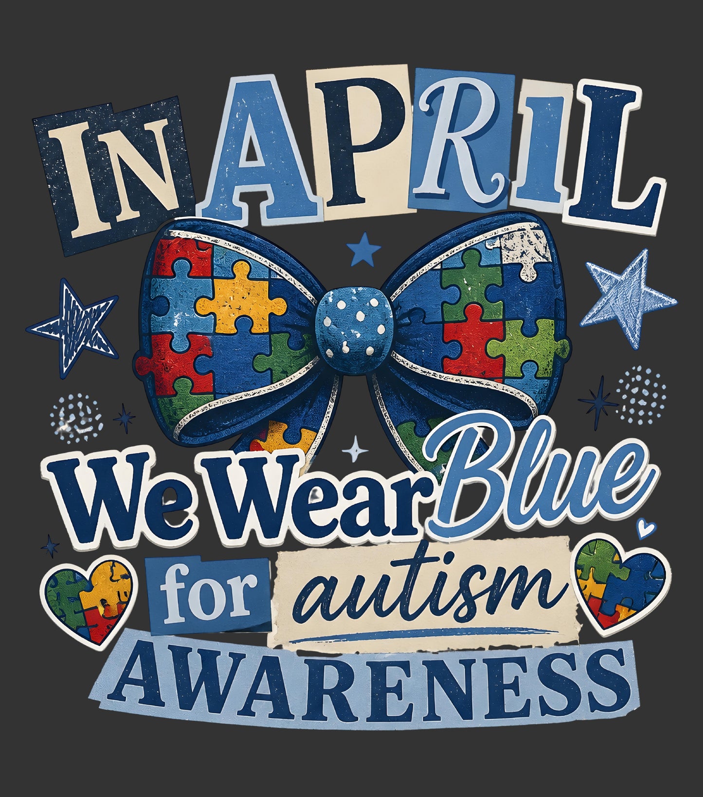 Autism awareness graphic design featuring a large bowtie made of puzzle pieces in blue, red, yellow, and green, with the text 'IN APRIL We Wear Blue for autism AWARENESS' on a dark gray background.