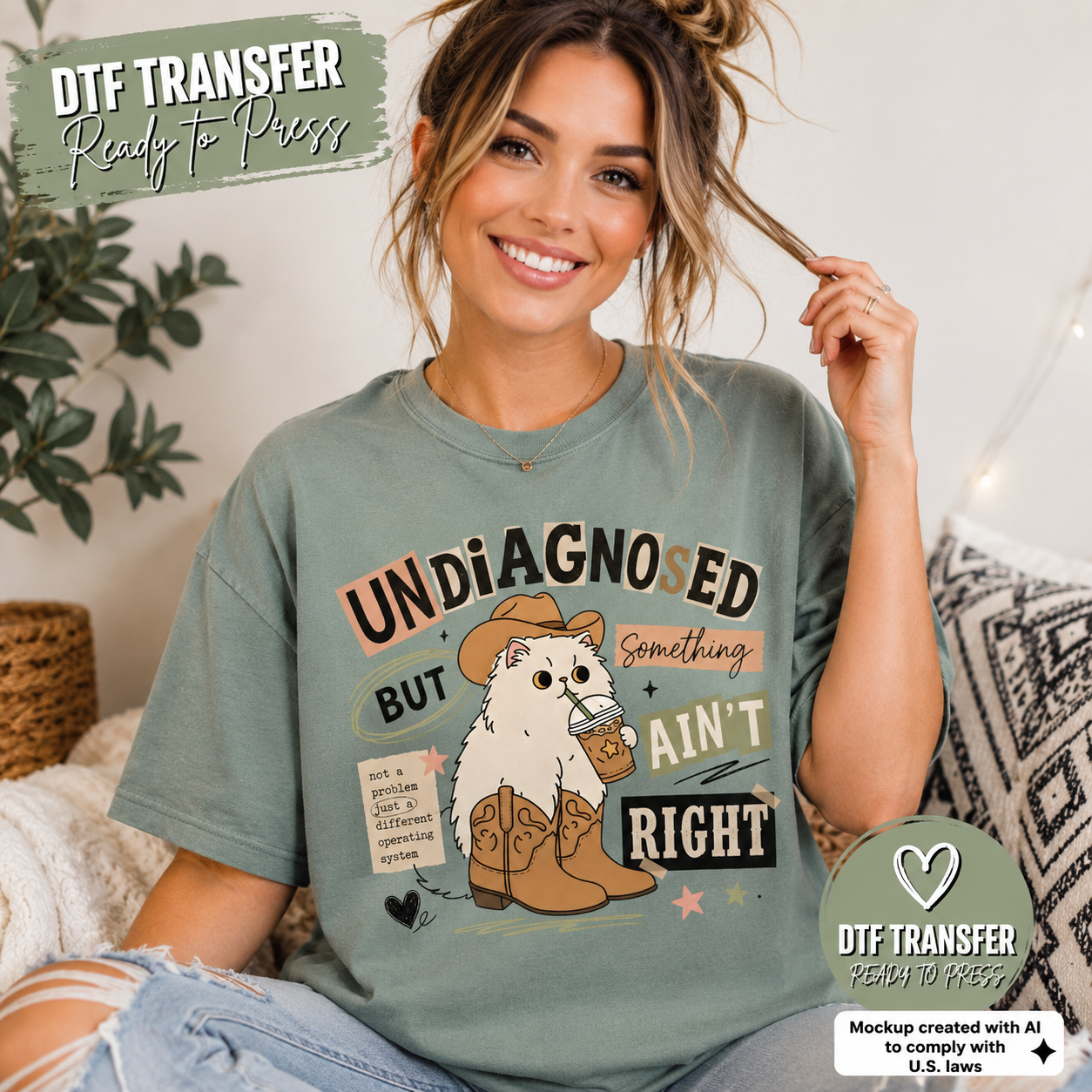 A woman wearing a sage green graphic T-shirt with a western-themed dog design and the text 'UNDiAGNOSED Something AIN'T RIGHT'. The photo is styled in a cozy indoor setting with a plant, basket, and patterned pillow, with promotional badges for 'DTF TRANSFER Ready To Press' in the corners.
