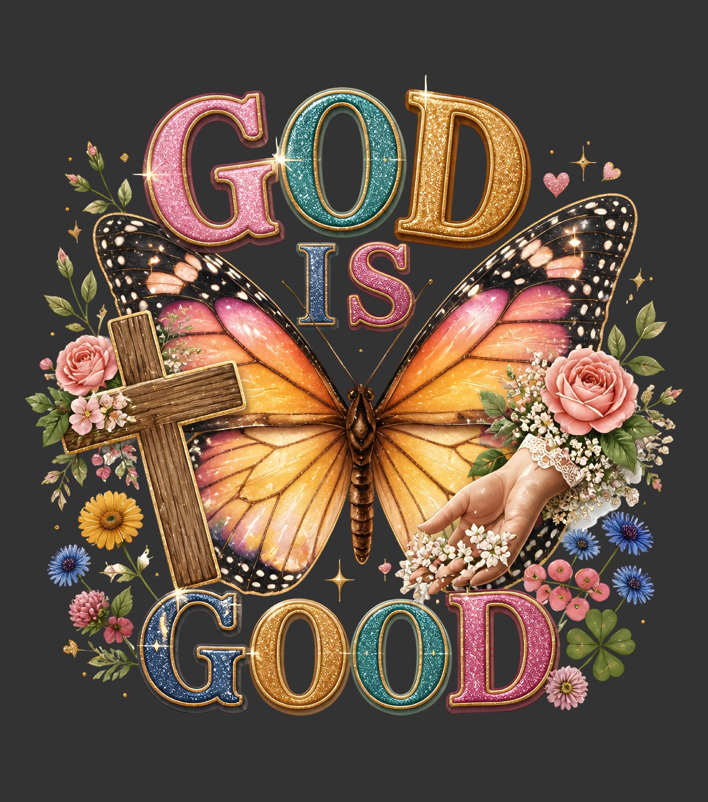A colorful graphic design featuring the text 'GOD IS GOOD' in glittery, multicolored letters surrounding a large orange and yellow butterfly, pink roses, a wooden cross, and small flowers on a dark gray background.