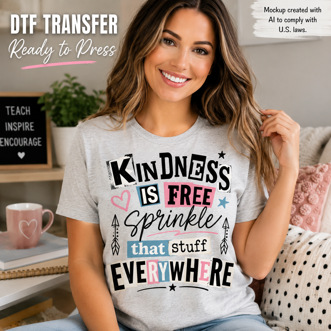 A smiling woman wearing a light gray T-shirt with a colorful graphic that reads 'Kindness is free sprinkle that stuff everywhere' in black, pink, blue, and white lettering. The photo is taken in a cozy indoor setting with a mug, plant, and pillows in the background.