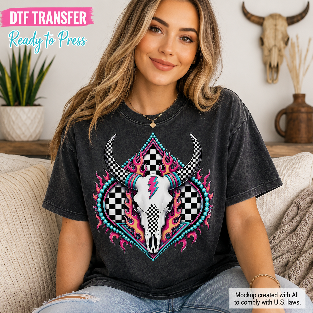 A woman wearing a faded black graphic T-shirt with a stylized skull, horns, checkerboard pattern, and neon flame design. She is seated on a beige couch in a decorated room with a plant, wall mount, and decorative vase in the background.