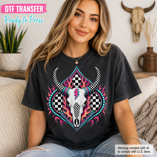 A woman wearing a faded black graphic T-shirt with a stylized skull, horns, checkerboard pattern, and neon flame design. She is seated on a beige couch in a decorated room with a plant, wall mount, and decorative vase in the background.