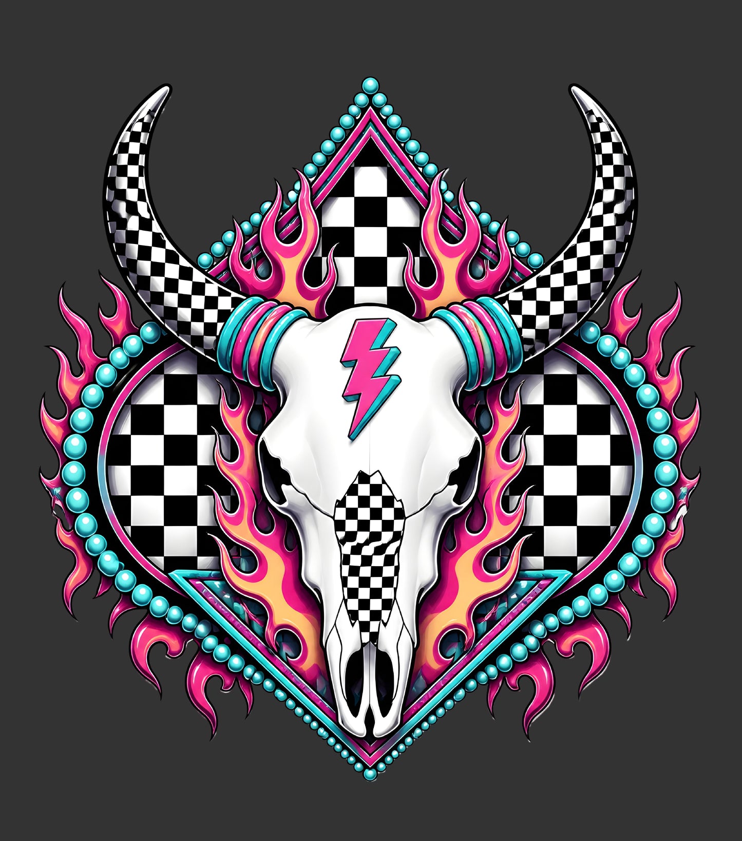 Neon western cow skull DTF transfer with checkerboard horns pink flames turquoise accents and lightning bolt