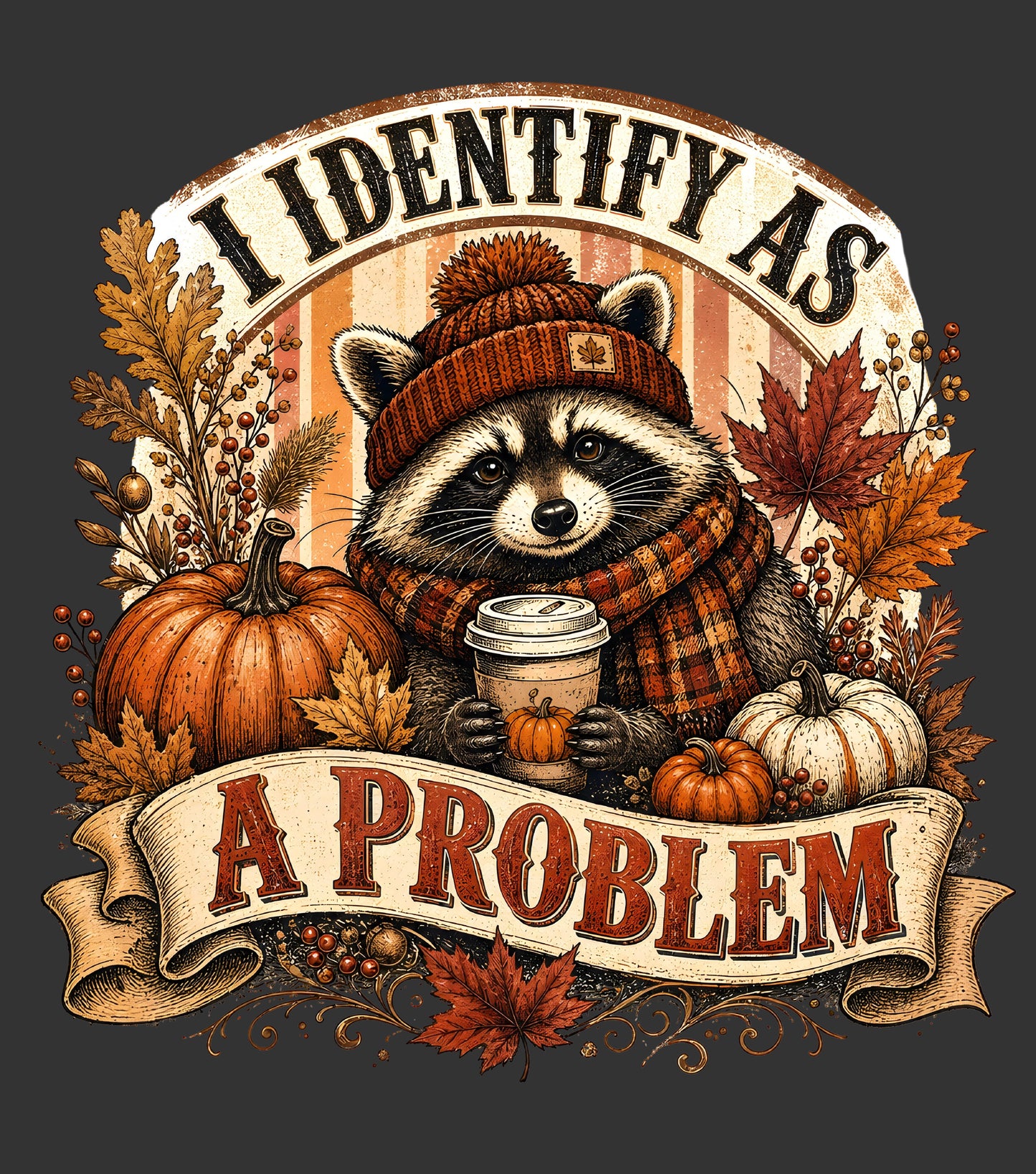A stylized autumn graphic featuring a raccoon wearing a brown knit beanie and matching scarf, holding a takeaway coffee cup. The raccoon is surrounded by pumpkins, fall leaves, and a cream ribbon banner that reads “I IDENTIFY AS A PROBLEM.
