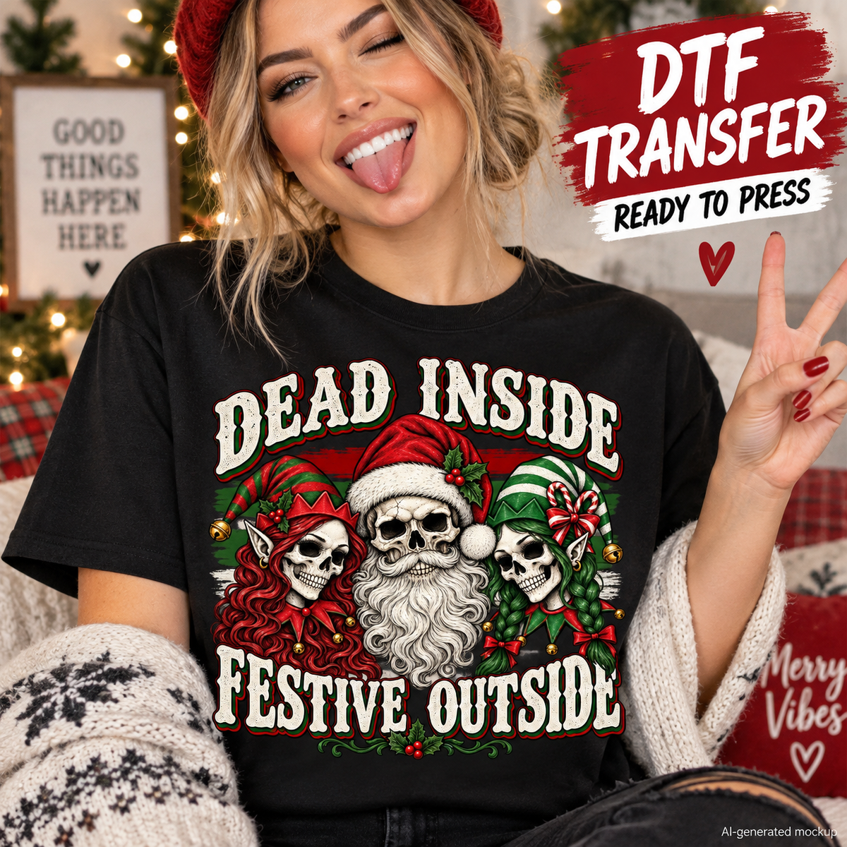 Dead Inside Festive Outside Christmas skeleton DTF transfer mockup featuring skeleton Santa and festive elves on a black T-shirt.