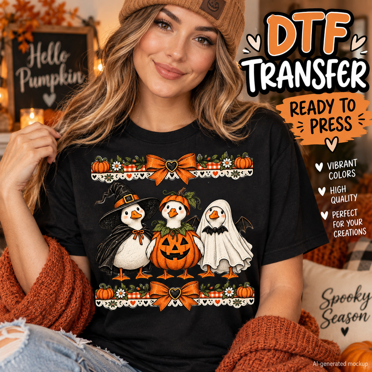 Halloween duck trio DTF transfer mockup featuring cute ducks dressed as a witch, pumpkin and ghost on a black T-shirt.