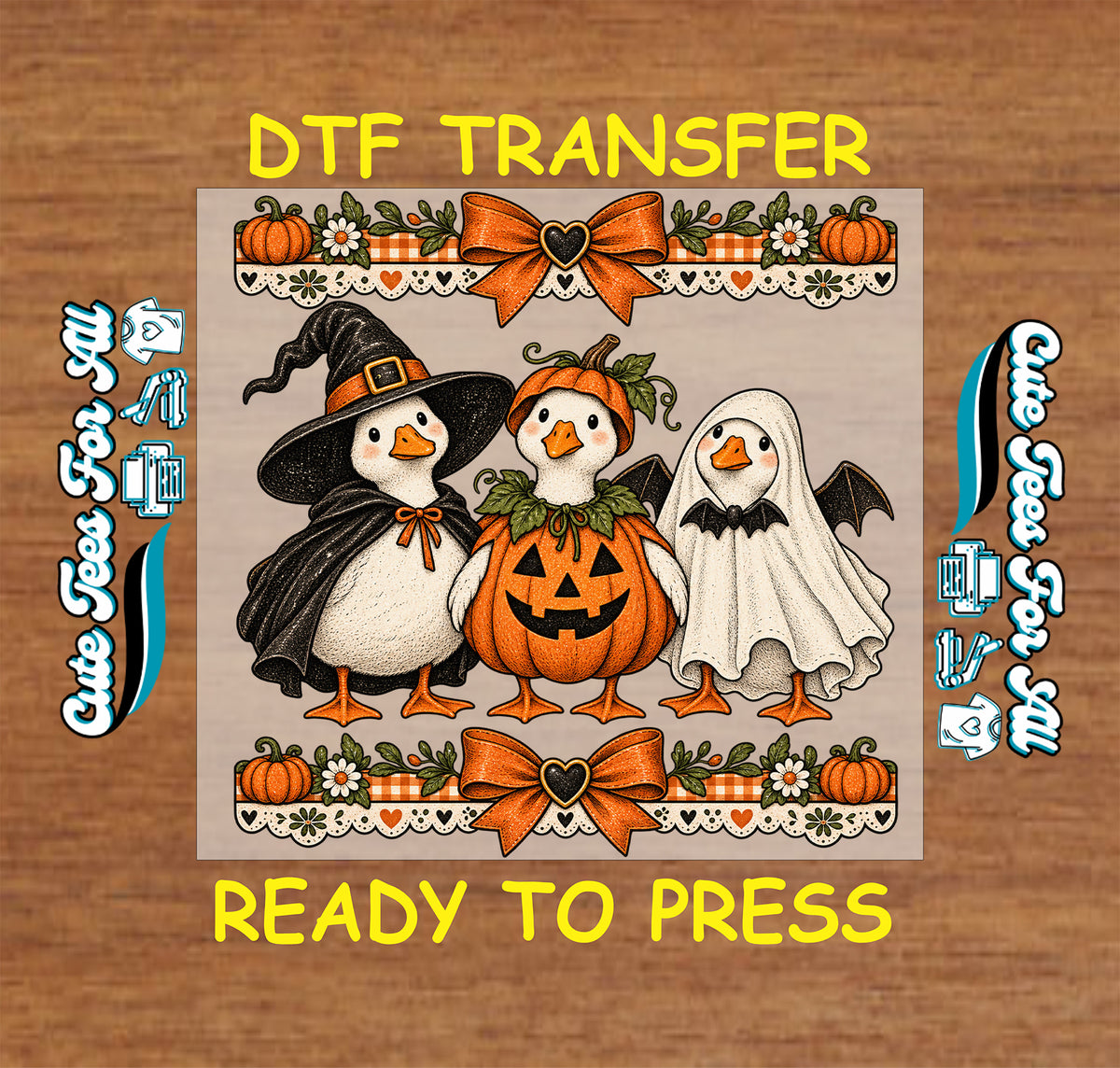 Cute Halloween duck ready-to-press DTF transfer featuring witch, jack-o’-lantern and ghost costumes with orange bows and fall accents.