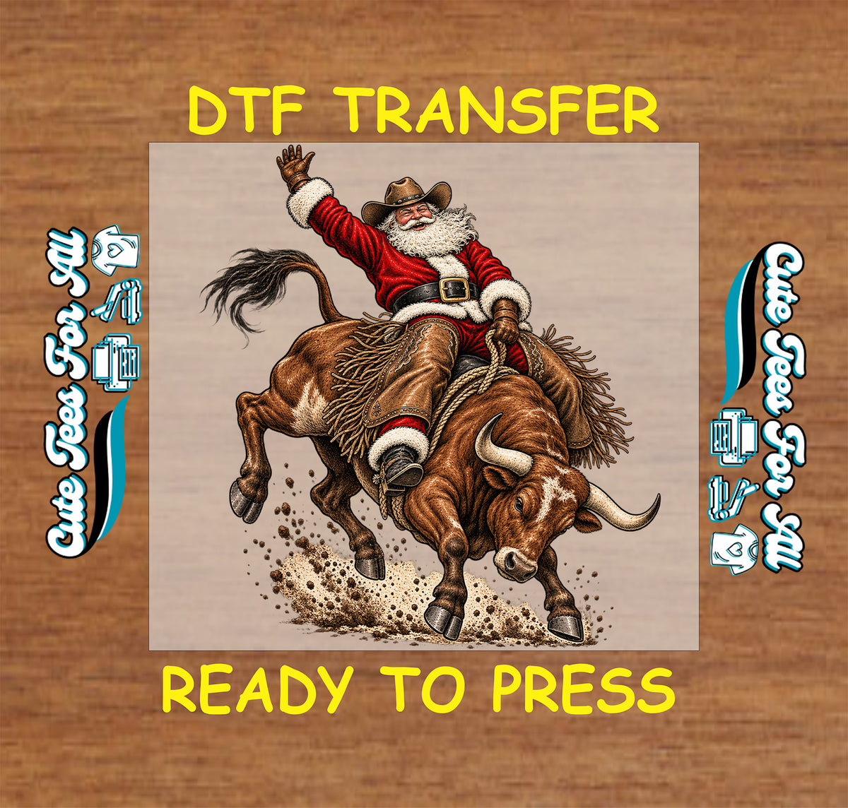 Western Christmas ready-to-press DTF transfer featuring cowboy Santa riding a bucking bull in detailed rustic rodeo style.