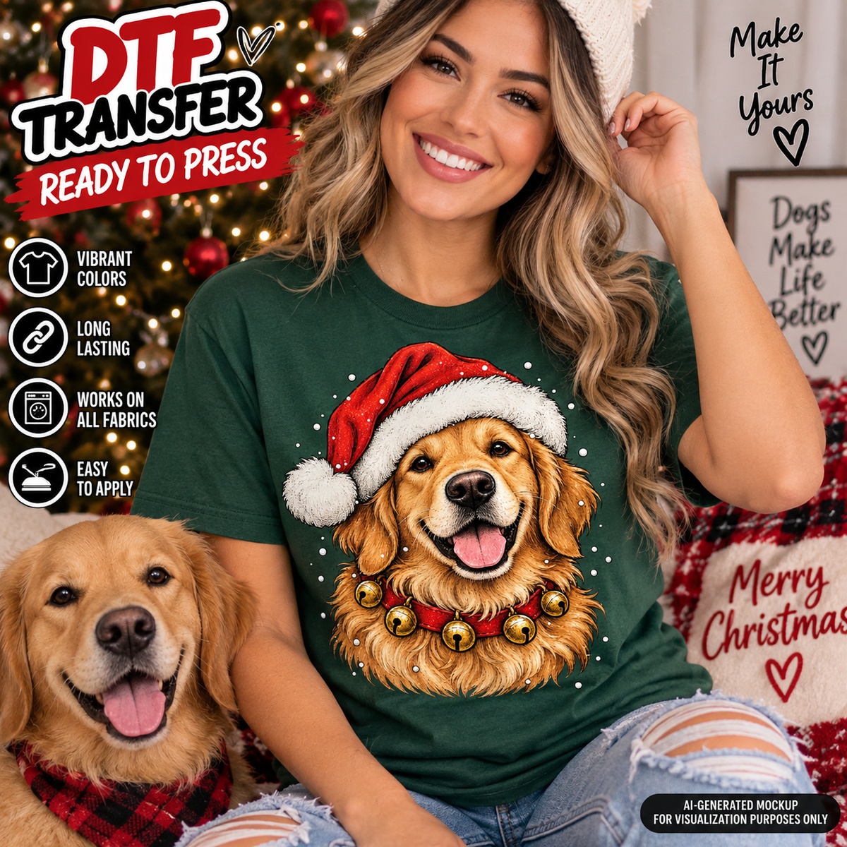 Golden Retriever Santa Christmas DTF transfer mockup featuring a smiling golden retriever wearing a Santa hat on a dark green T-shirt.