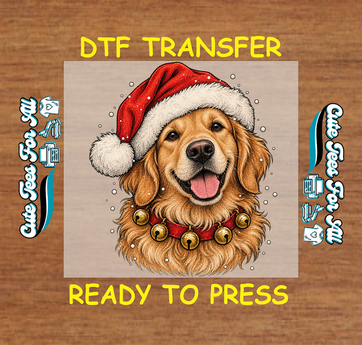 Christmas golden retriever ready-to-press DTF transfer featuring a dog in a Santa hat with festive bells and snowy holiday accents.