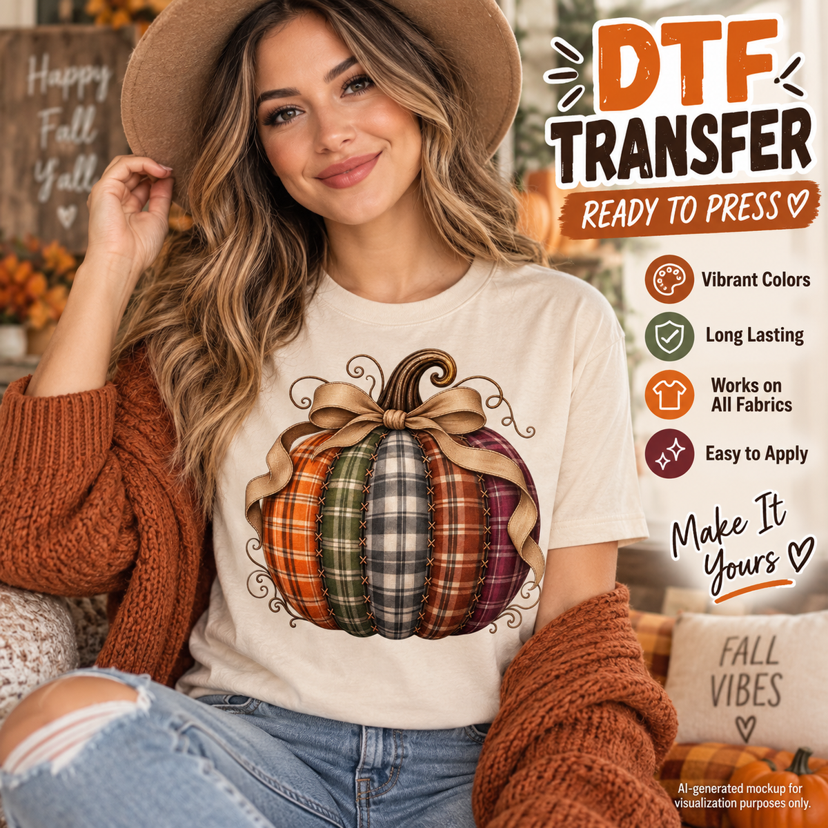 Plaid patchwork pumpkin DTF transfer mockup featuring a fall pumpkin with mixed plaid patterns and a neutral bow on a cream T-shirt.