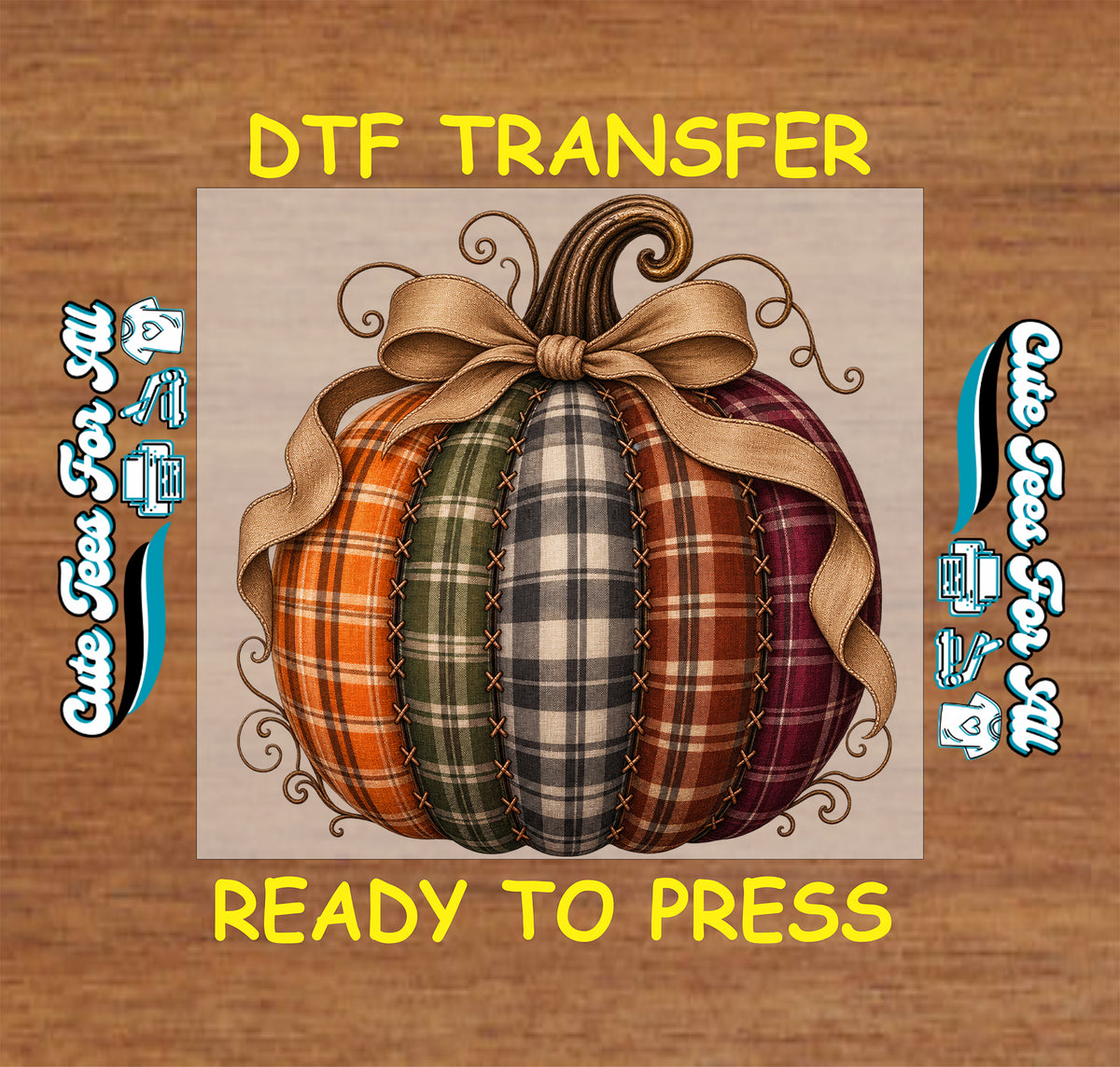 Fall plaid pumpkin ready-to-press DTF transfer featuring orange, green, brown, cream, and burgundy patchwork patterns with a large bow.