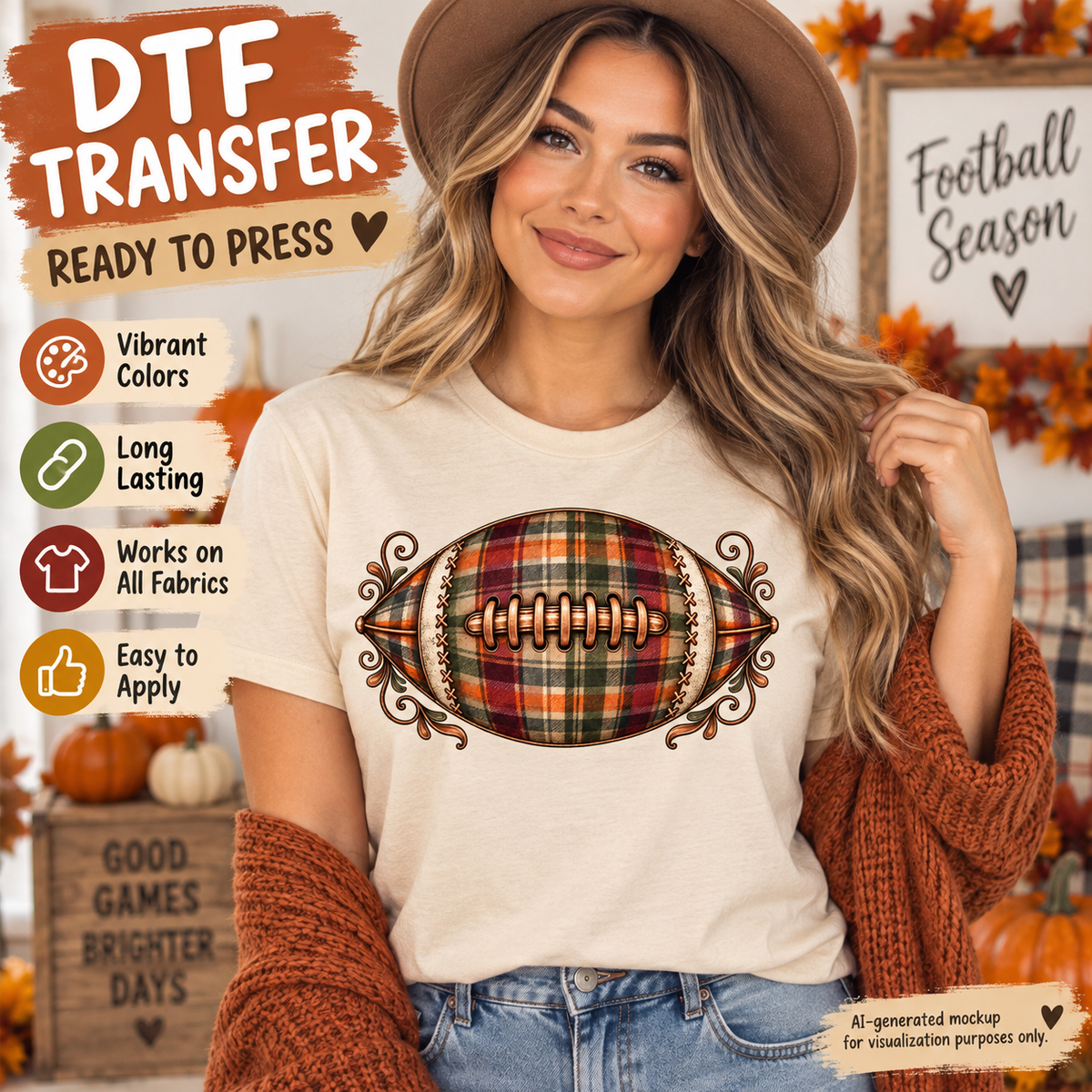 A woman wearing a beige graphic t-shirt with a football design in a plaid pattern, styled with a brown hat and a rust-colored cardigan. The image features promotional text overlays for a DTF transfer product, including 'DTF TRANSFER READY TO PRESS' and feature icons.