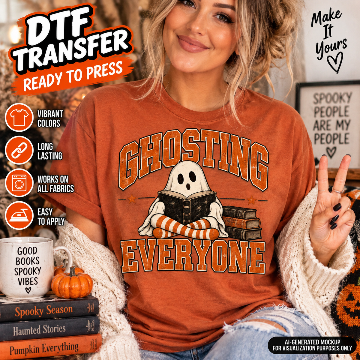 Ghosting Everyone Halloween DTF transfer mockup featuring a cute reading ghost with books and striped socks on an orange T-shirt.
