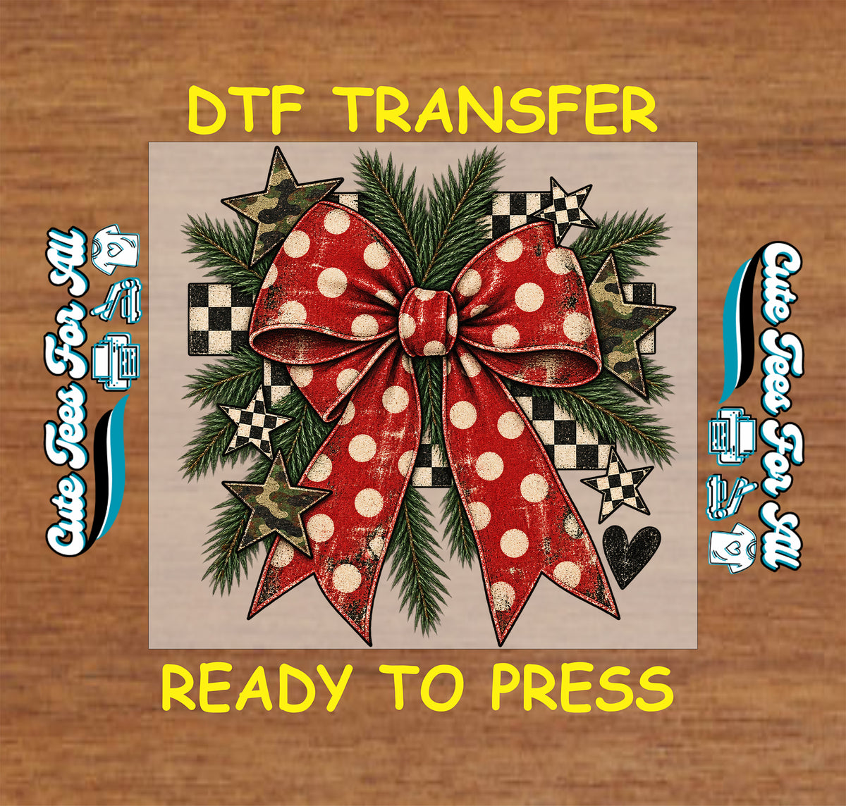 Red Christmas bow ready-to-press DTF transfer featuring white polka dots, evergreen branches, checkerboard patterns, camo stars, and festive accents.