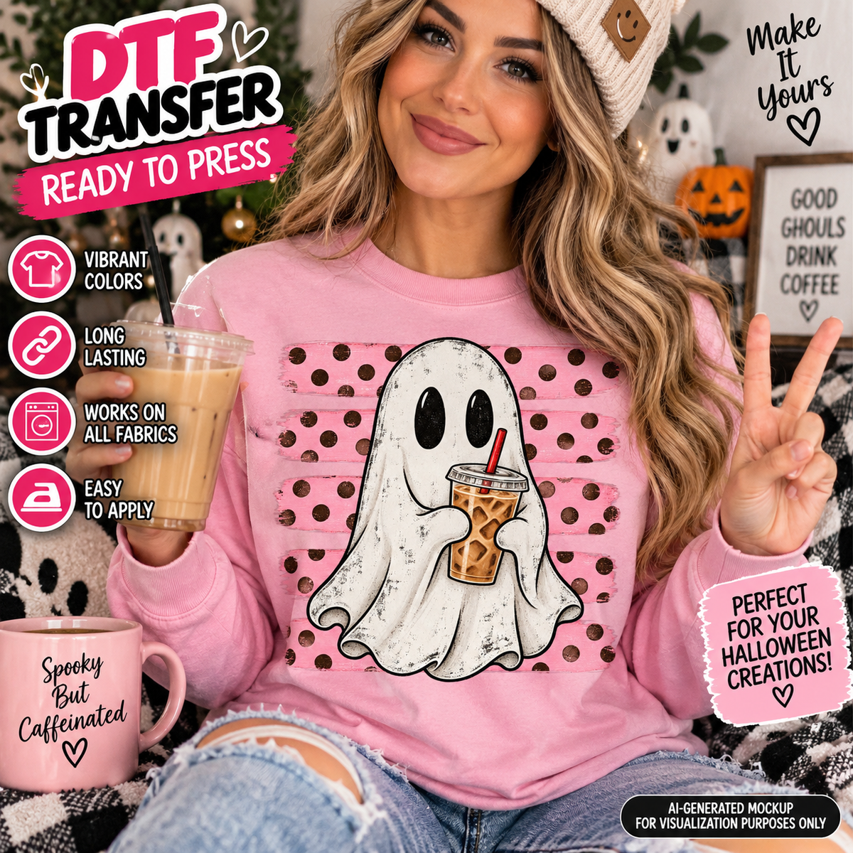 Coffee ghost Halloween DTF transfer mockup featuring a cute white ghost holding iced coffee with a pink and brown polka dot background.