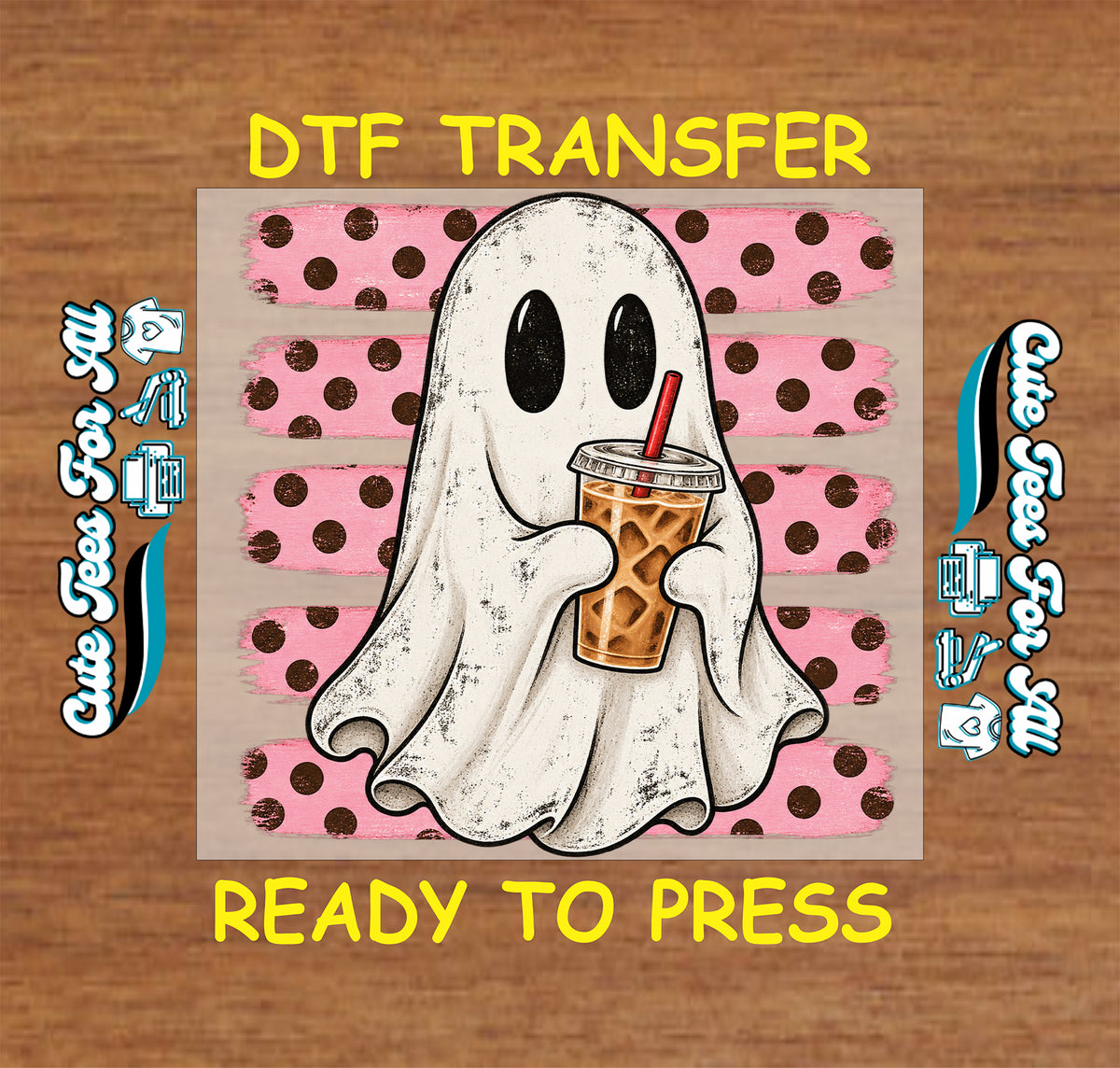 Cute Halloween ghost ready-to-press DTF transfer featuring a smiling ghost holding iced coffee with trendy pink and brown polka dots.