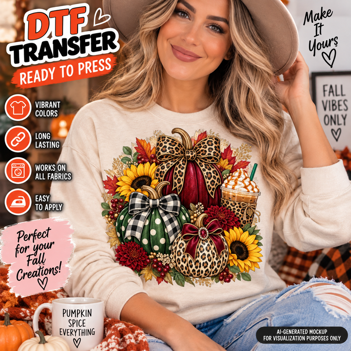 Leopard pumpkin fall DTF transfer mockup featuring colorful pumpkins, leopard bows, sunflowers, autumn leaves, and iced coffee on a cream sweatshirt.