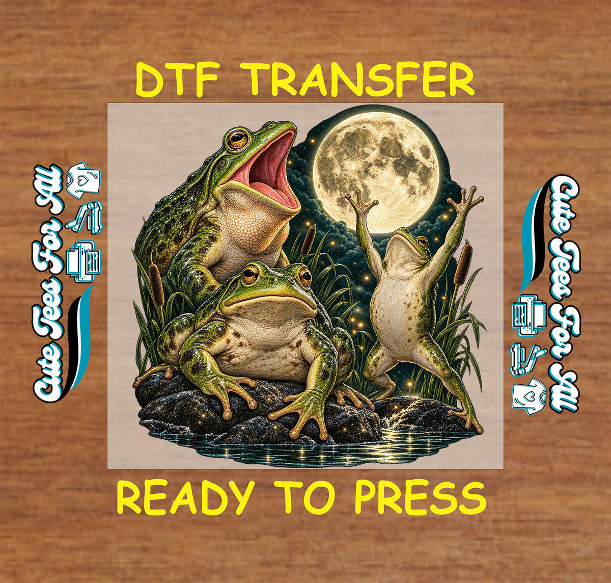 Ready-to-press frog DTF transfer featuring three detailed frogs, a glowing full moon, cattails, water, and nighttime nature scenery.