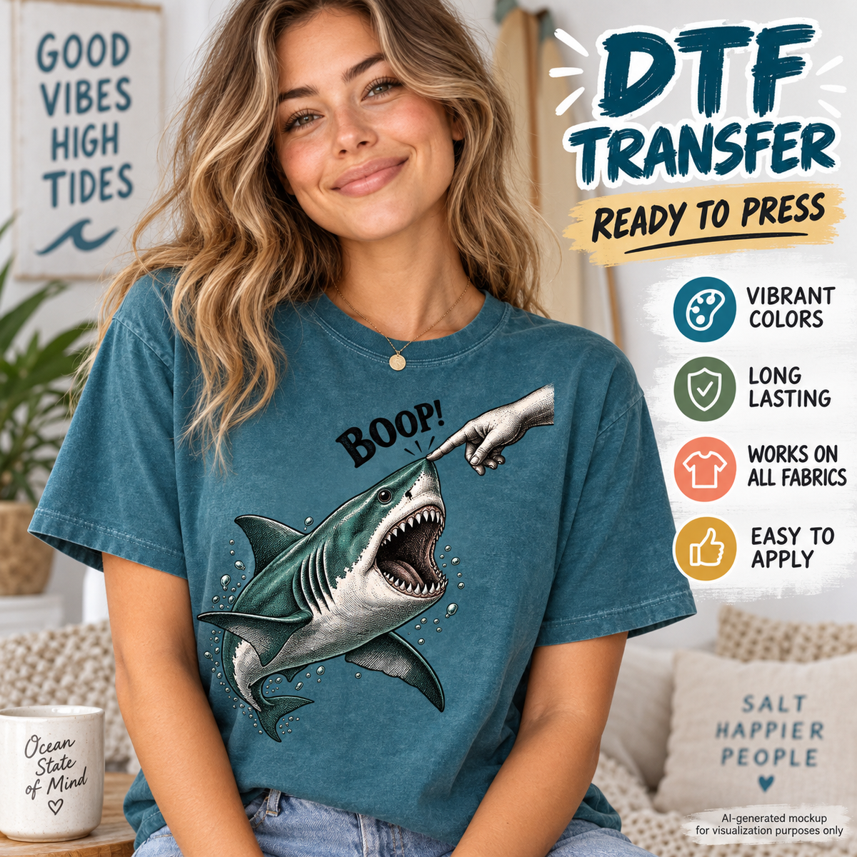 Boop shark DTF transfer mockup featuring a realistic shark being playfully touched on the nose with BOOP lettering on a blue T-shirt.
