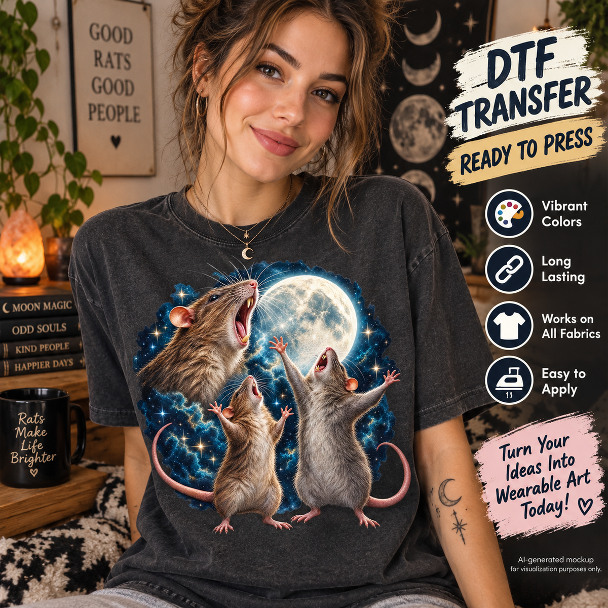 Moon rats DTF transfer mockup featuring three expressive rats beneath a glowing full moon and starry blue sky on a dark T-shirt.