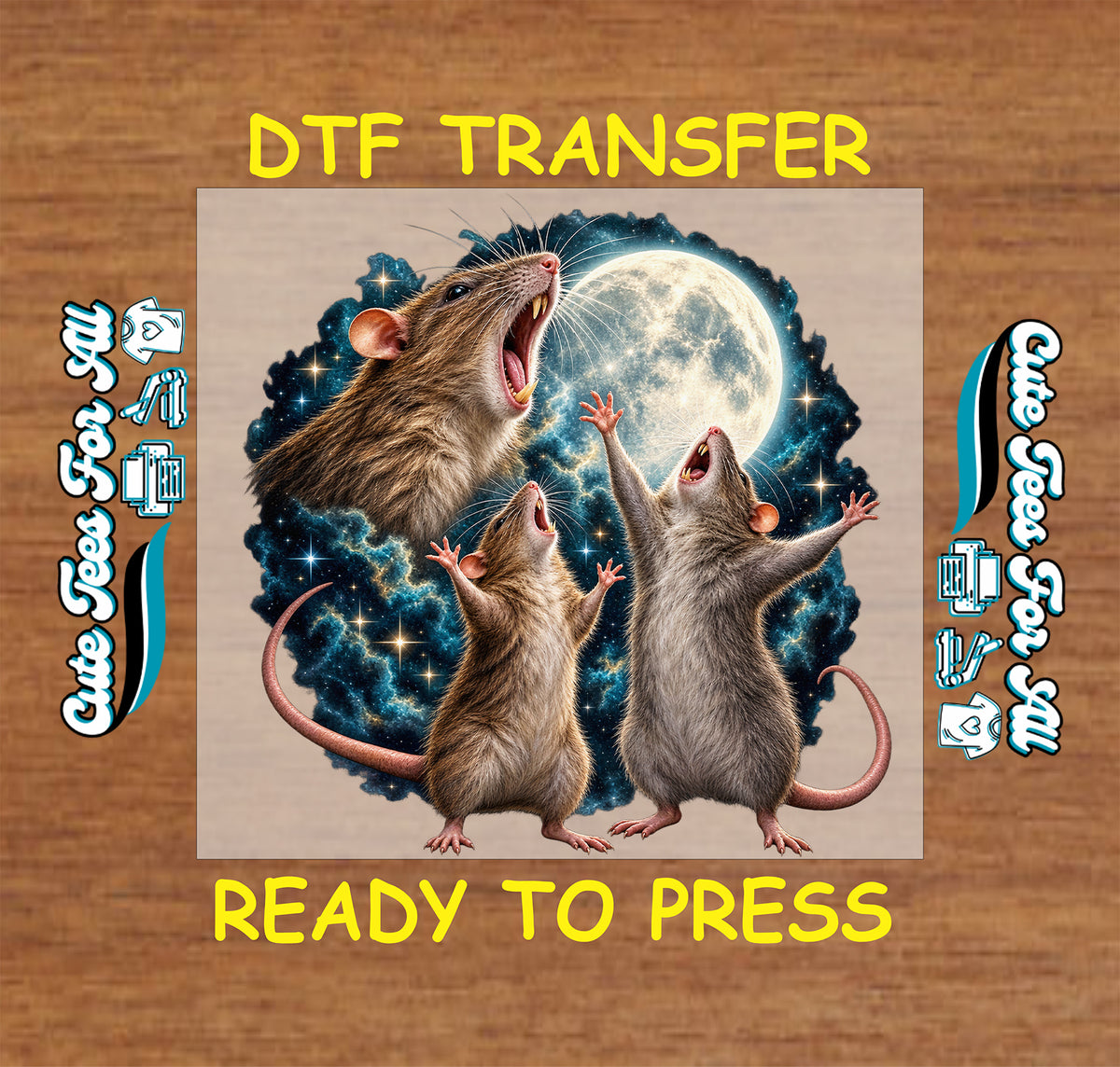 Ready-to-press rat DTF transfer featuring three rats reaching and howling beneath a glowing full moon with dramatic blue celestial details.