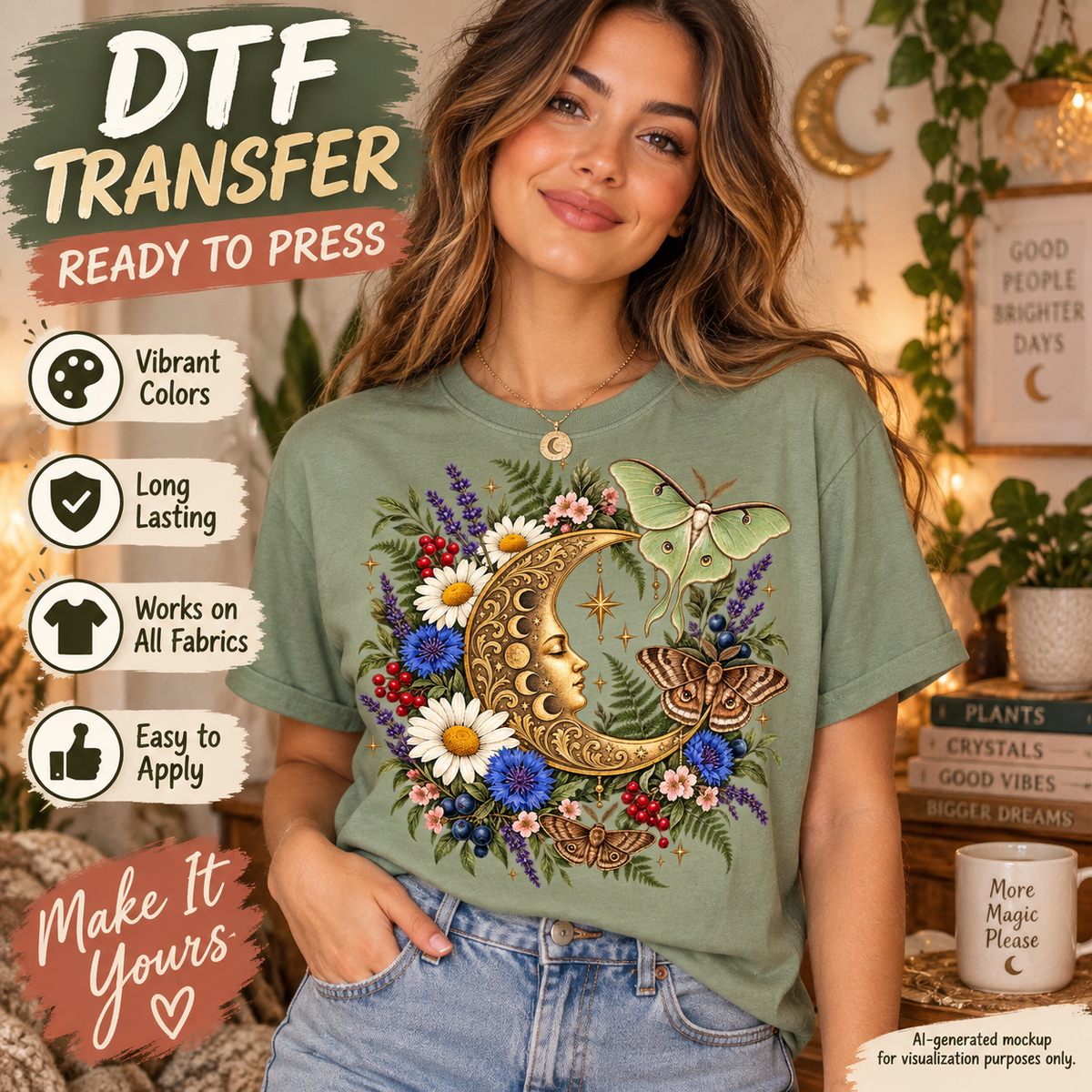 Celestial moon moth floral DTF transfer mockup featuring an ornate crescent moon surrounded by moths, daisies, blue flowers, berries, and greenery on a sage green T-shirt.