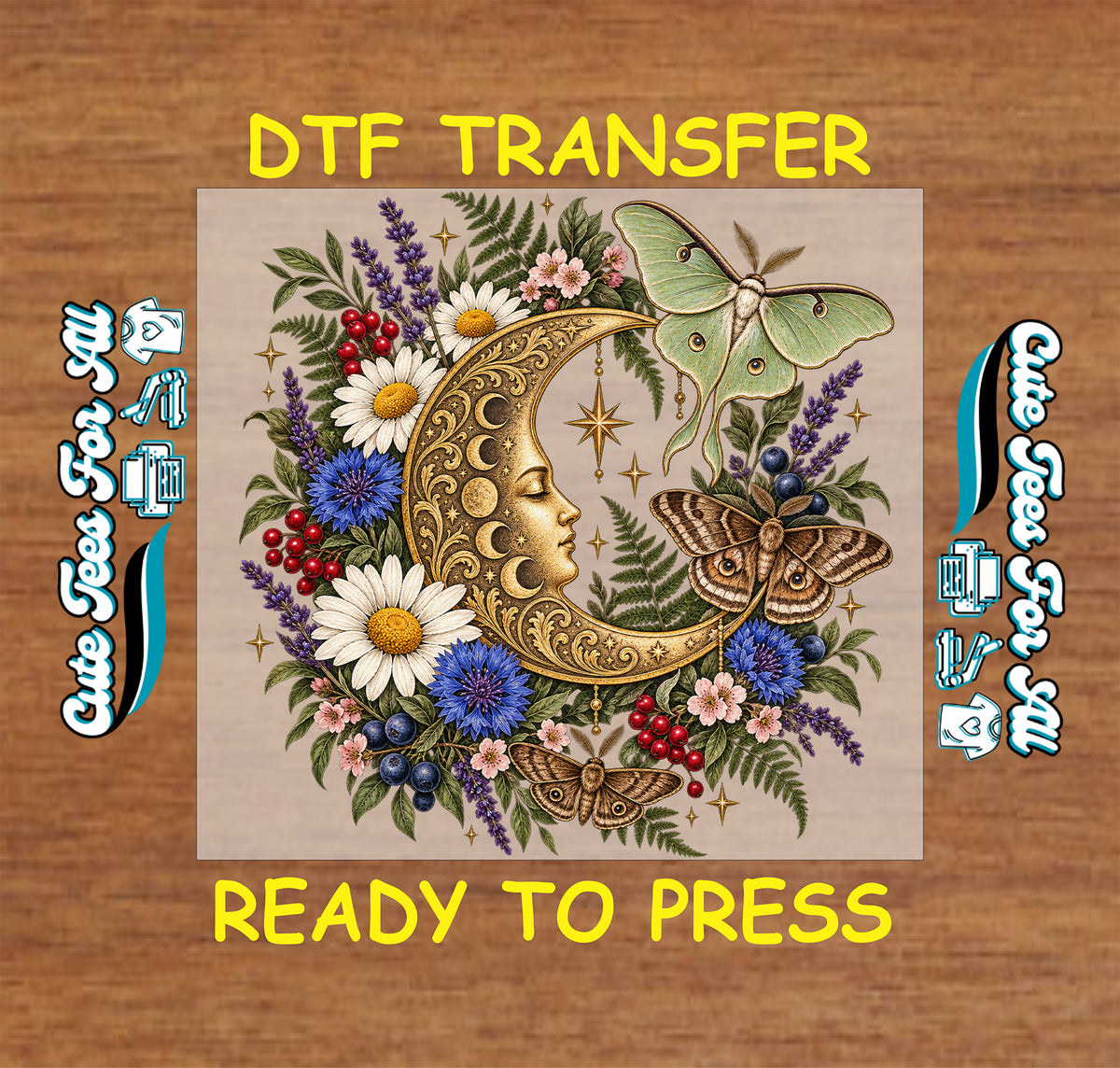 Ready-to-press celestial DTF transfer featuring a detailed crescent moon, luna moth, vintage moths, daisies, blue wildflowers, berries, stars, and botanical accents.