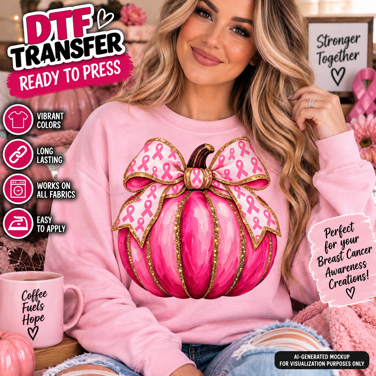 Breast cancer awareness pumpkin DTF transfer mockup featuring a pink pumpkin with ribbon-pattern bow and gold accents on a pink sweatshirt.