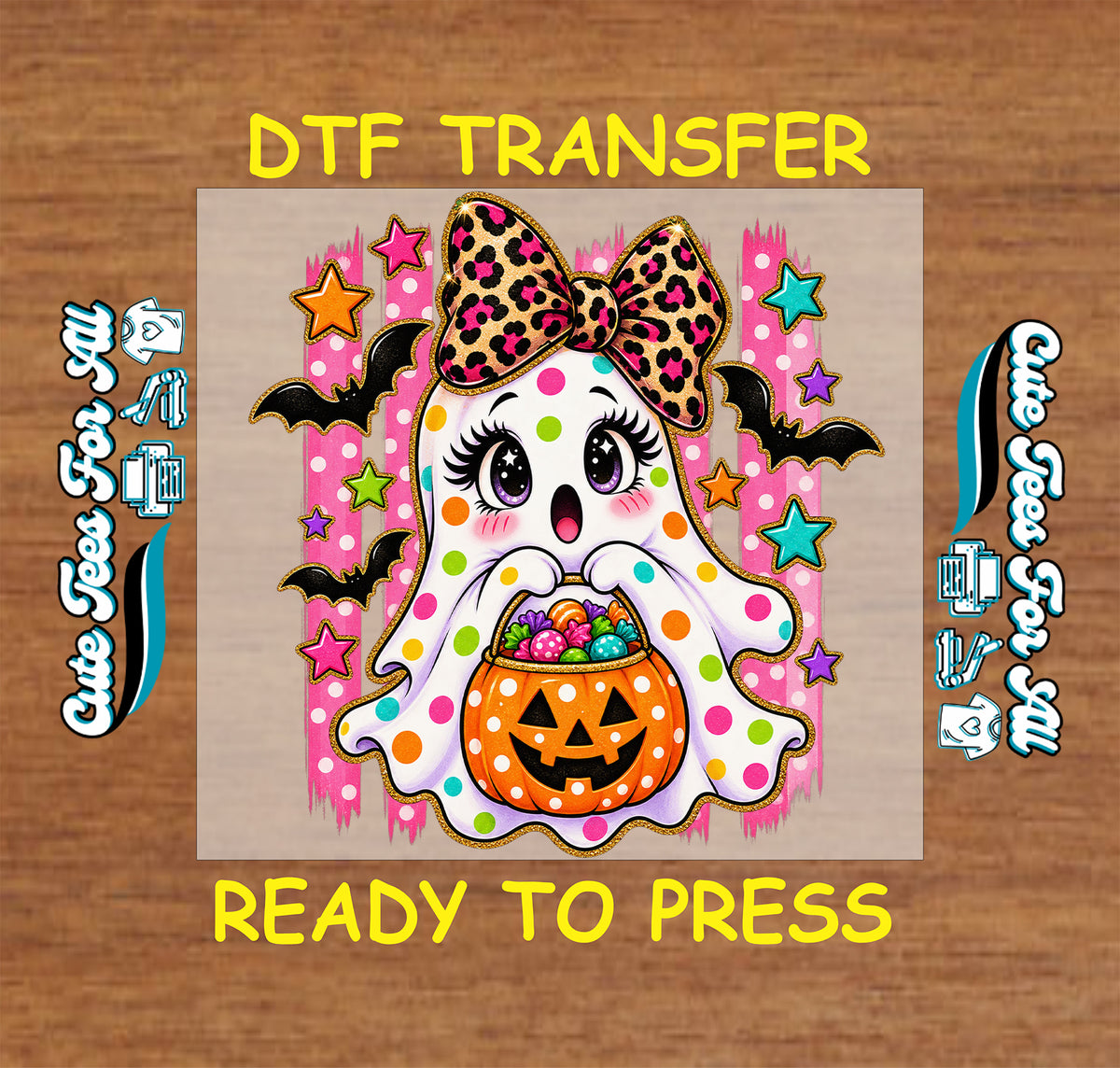 Ready-to-press Halloween DTF transfer featuring a cute polka dot ghost with leopard bow, jack-o’-lantern candy bucket, bats, and bright stars.