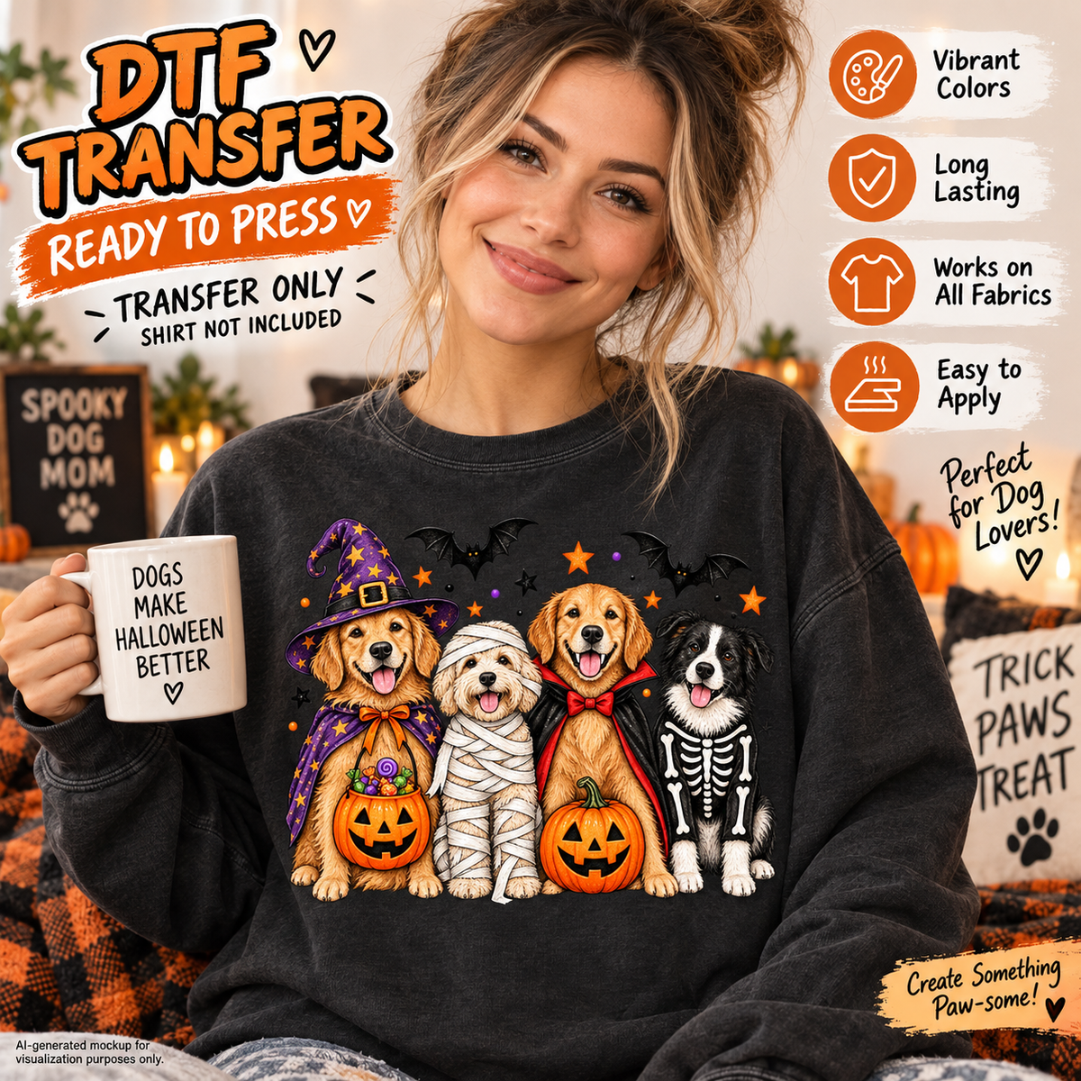 Halloween dogs DTF transfer mockup featuring four cute dogs dressed as a witch, mummy, vampire, and skeleton on a black sweatshirt.