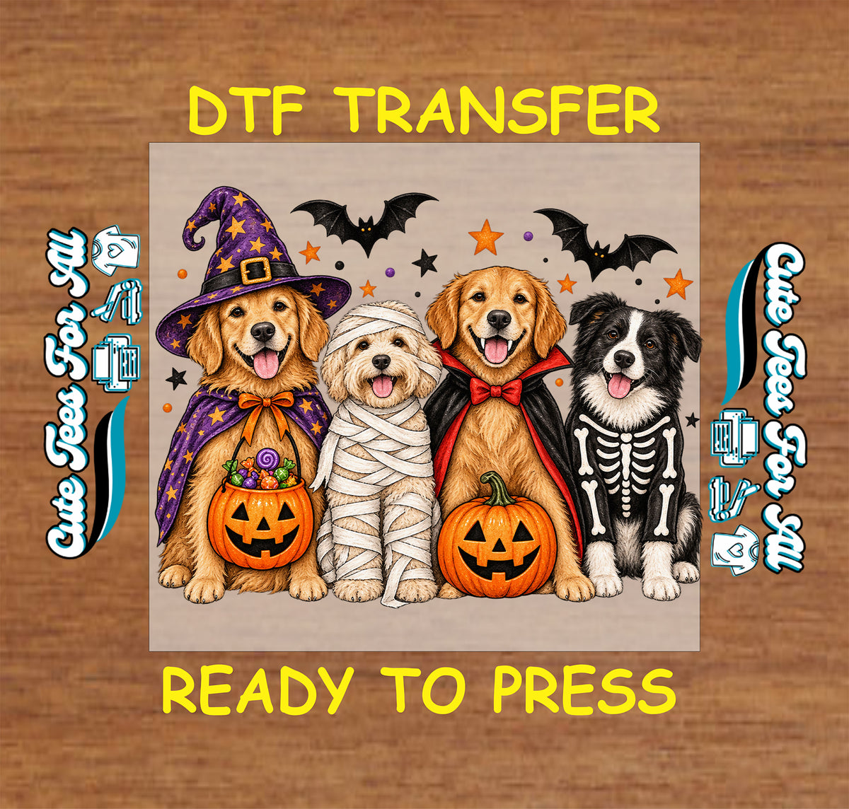 Ready-to-press Halloween dog DTF transfer featuring four costumed dogs with pumpkins, bats, stars, witch, mummy, vampire, and skeleton themes.