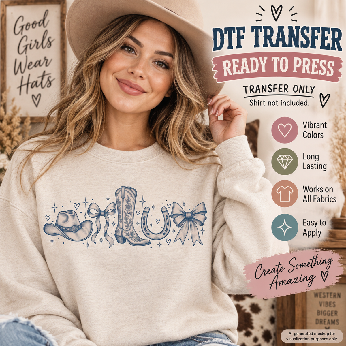 Western cowgirl DTF transfer mockup featuring a cowboy hat, floral boot, horseshoe, bows, hearts, and sparkles on a cream sweatshirt.