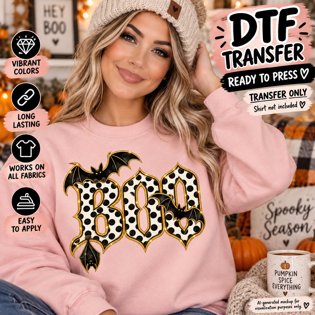 Boo Halloween DTF transfer mockup featuring black polka dot gothic lettering with bats and gold-style accents on a pink sweatshirt.