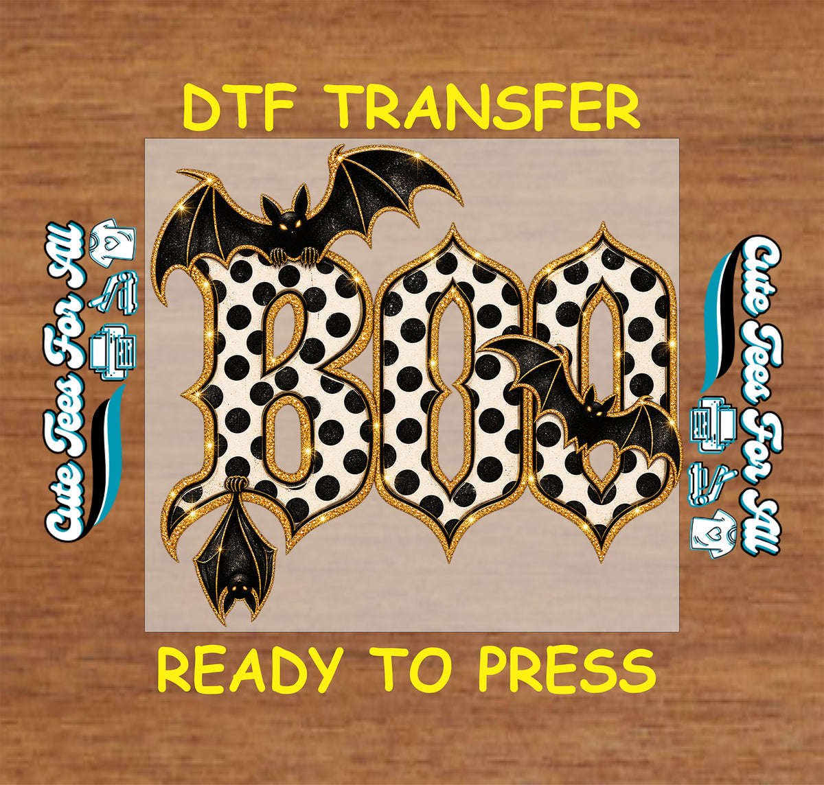Ready-to-press Halloween DTF transfer featuring bold BOO lettering with black polka dots, flying bats, and sparkling gold-style outlines.