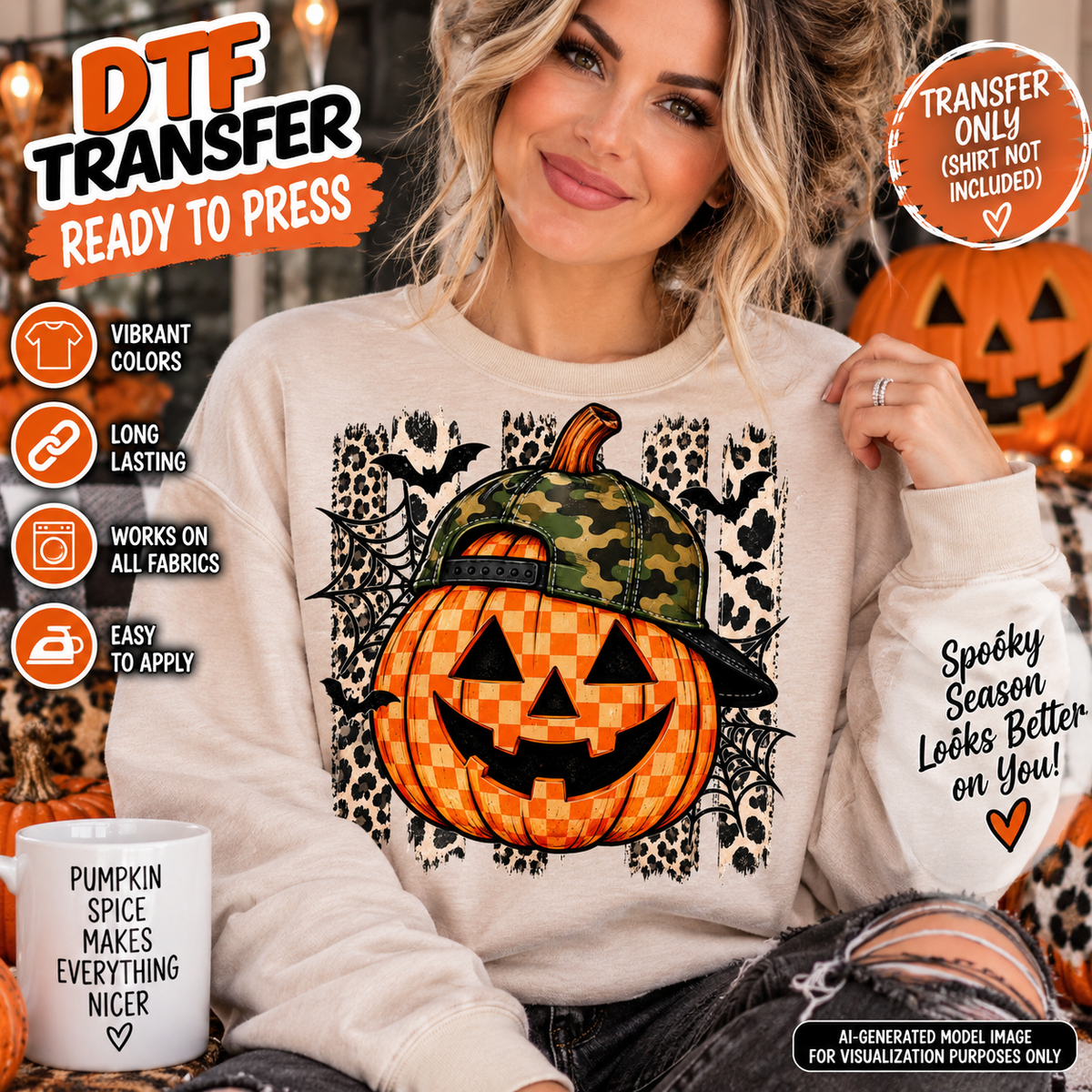 Camo pumpkin Halloween DTF transfer mockup featuring an orange gingham jack-o’-lantern wearing a camouflage hat with leopard print, spiderwebs, and bats.