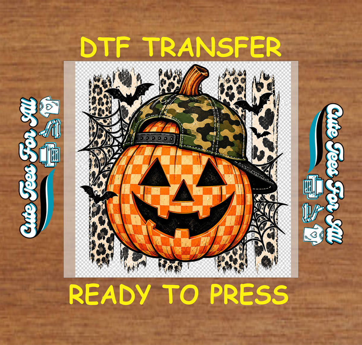 Ready-to-press Halloween DTF transfer featuring a smiling gingham pumpkin with camo snapback hat, leopard-print background, spiderwebs, and black bats.