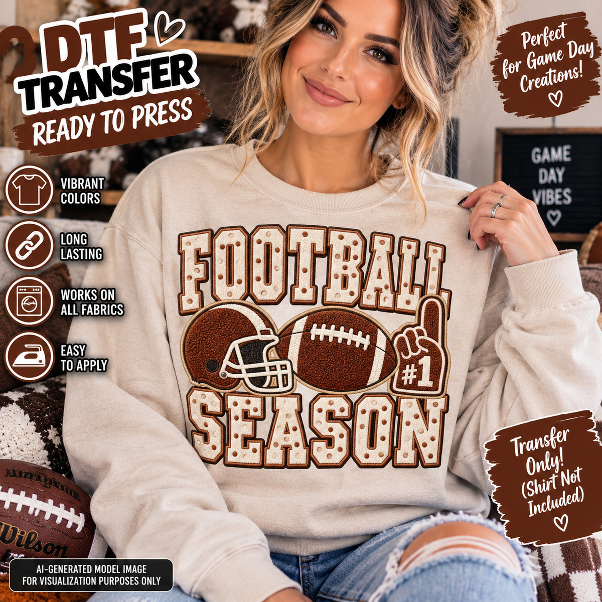 Football Season DTF transfer mockup featuring collegiate lettering, football helmet, football, and number one foam finger on a cream sweatshirt.